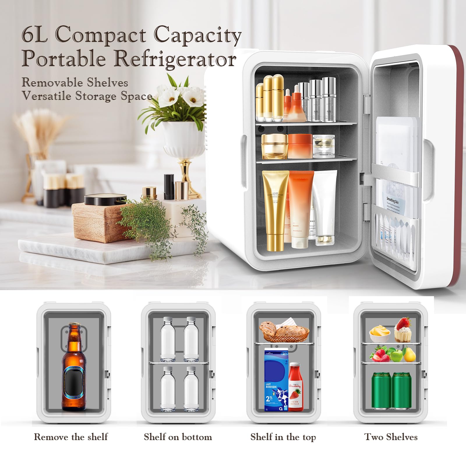 YLFU skincare fridge adjustable shelves fit serums and creams.