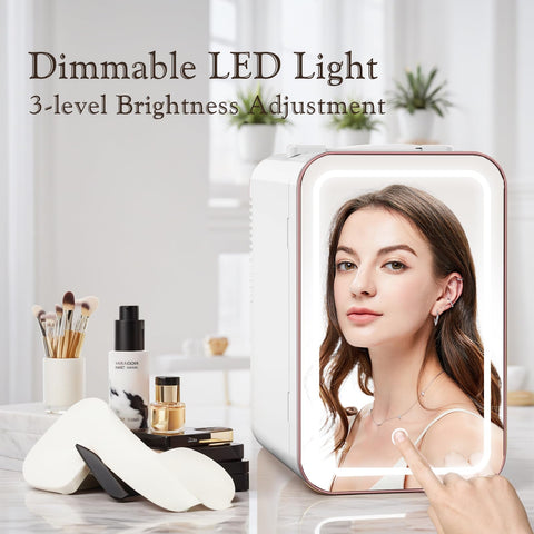YLFU skincare fridge with LED mirror supports precise makeup application.