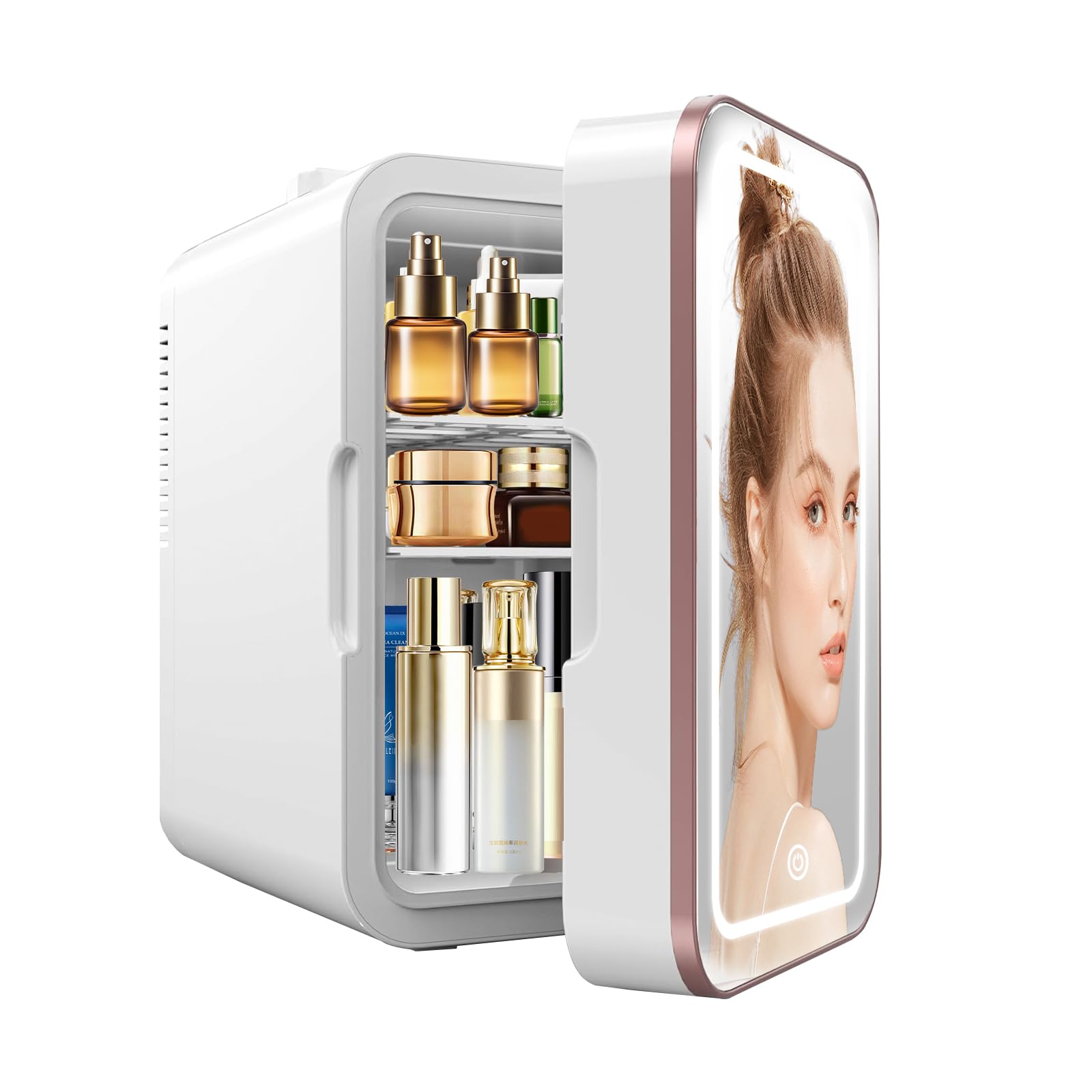 YLFU skincare fridge with LED mirror for precise makeup lighting and storage.