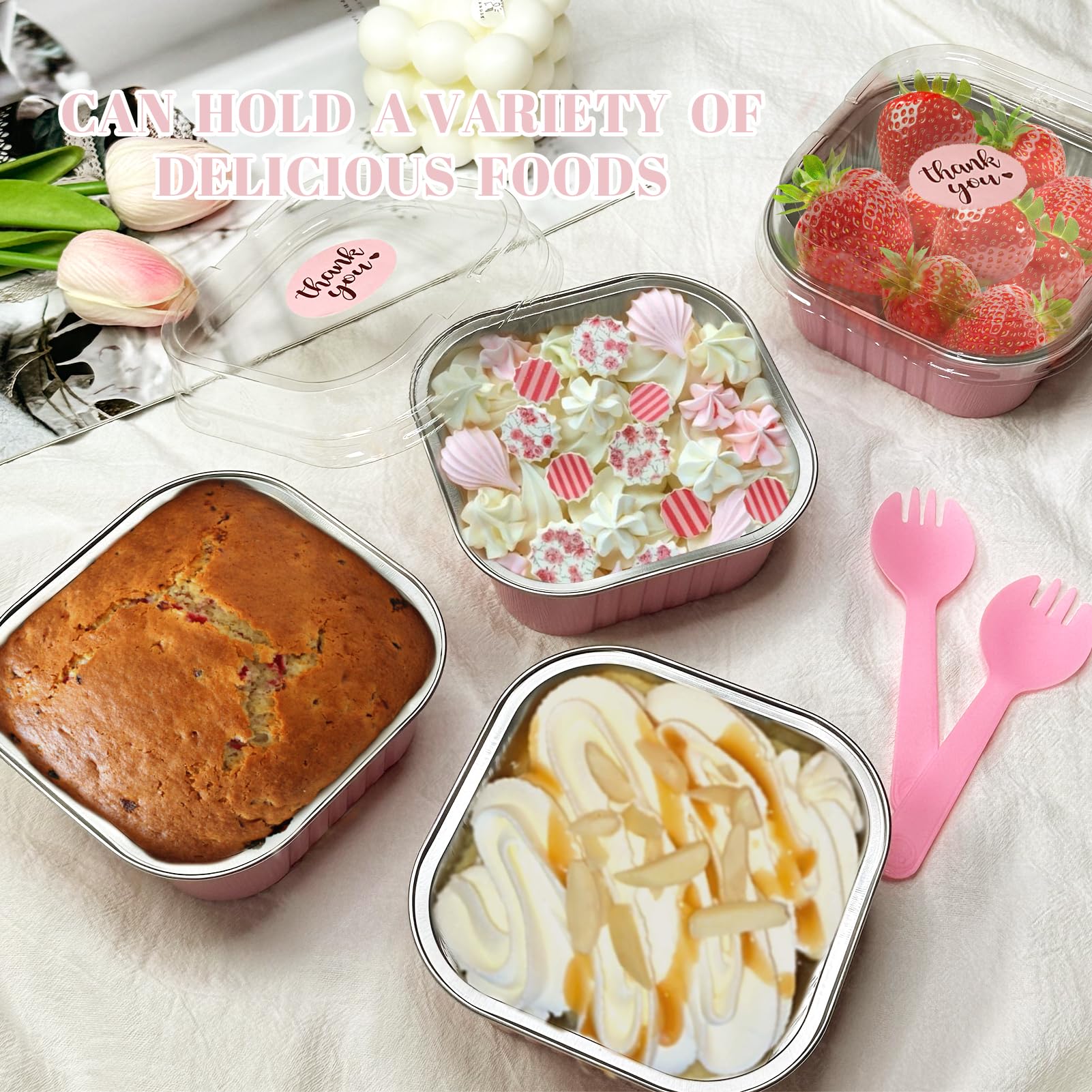 ylnurac pack of 100 mini pans with lids, forks, and stickers ready for parties.