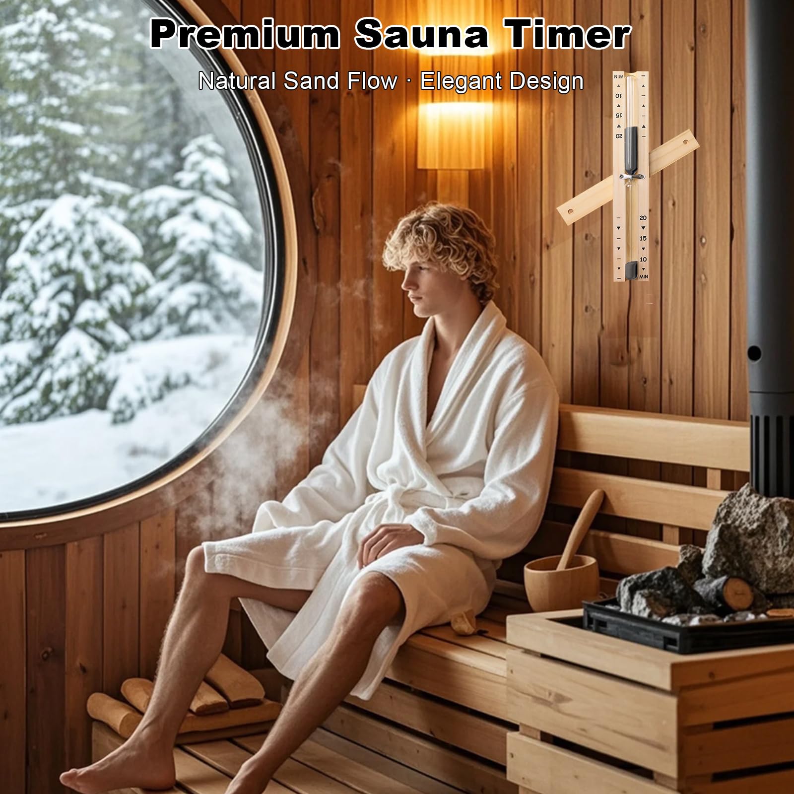 YLTIMER black sand hourglass showcases a 20 minute sauna session.