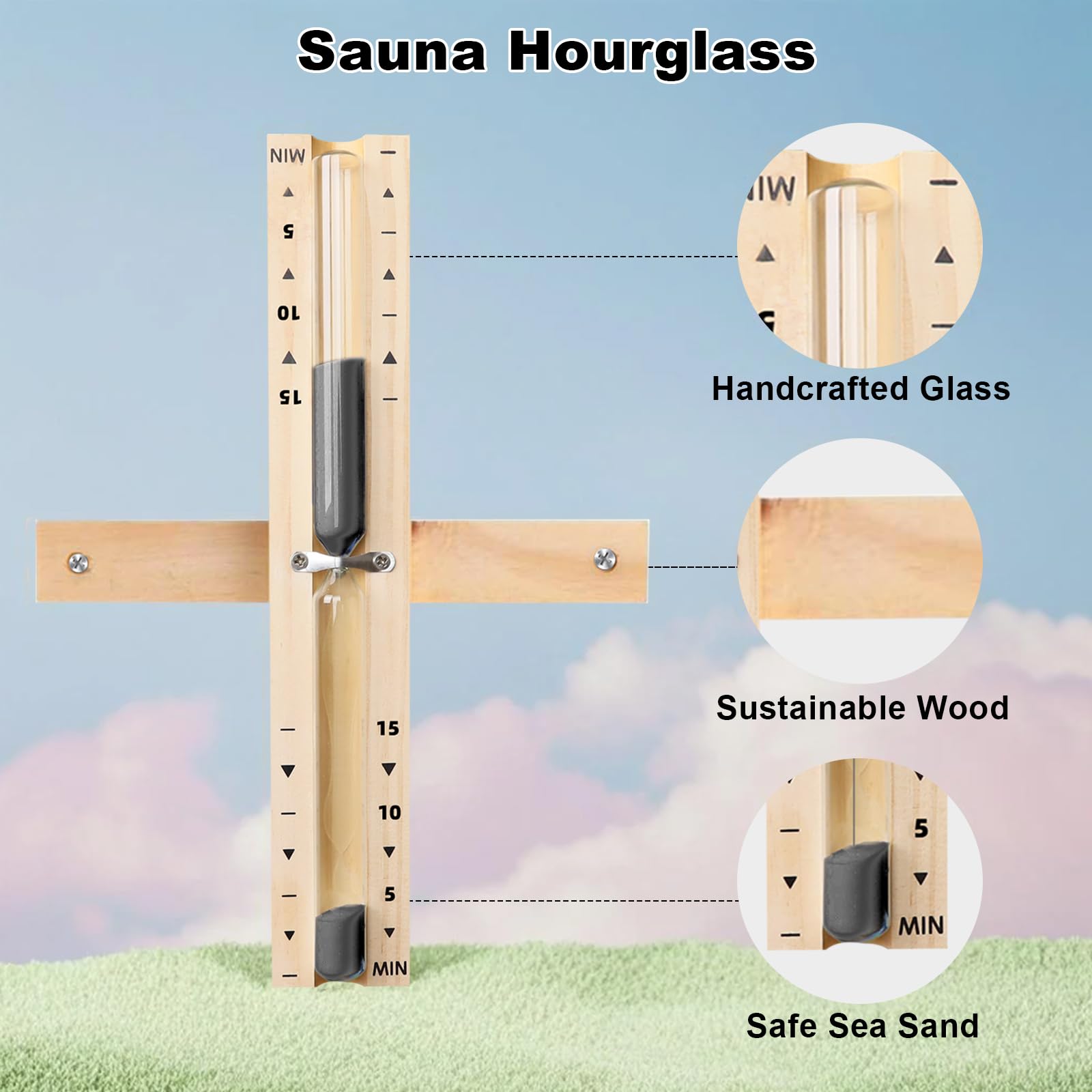 Heat-resistant sand clock for sauna rooms and hot environments.