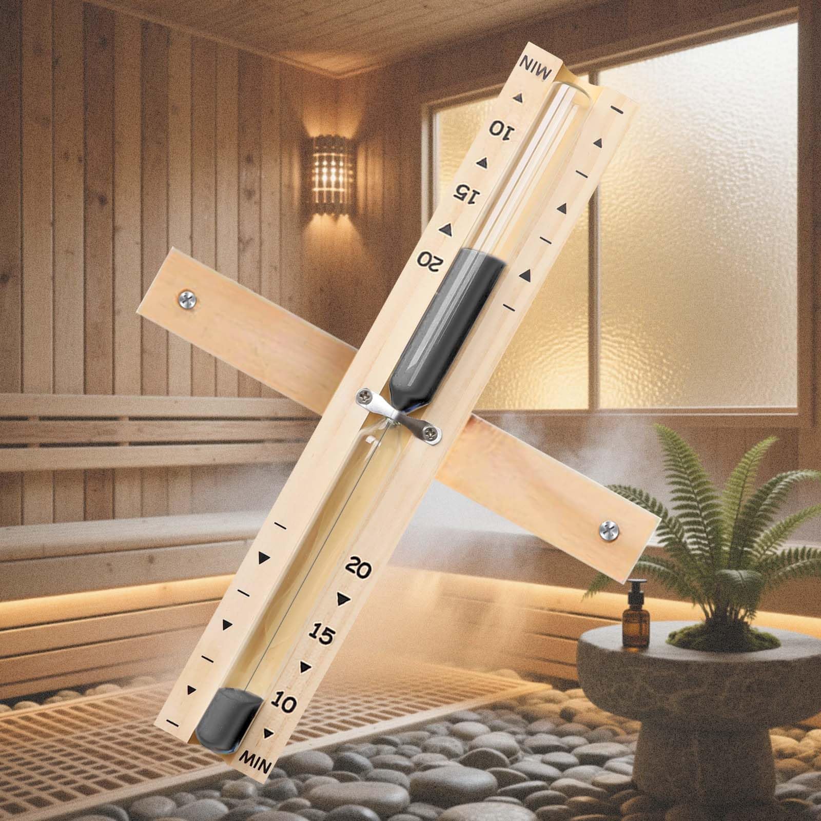YLTIMER wooden sauna timer with black sand for ambient heat sessions.