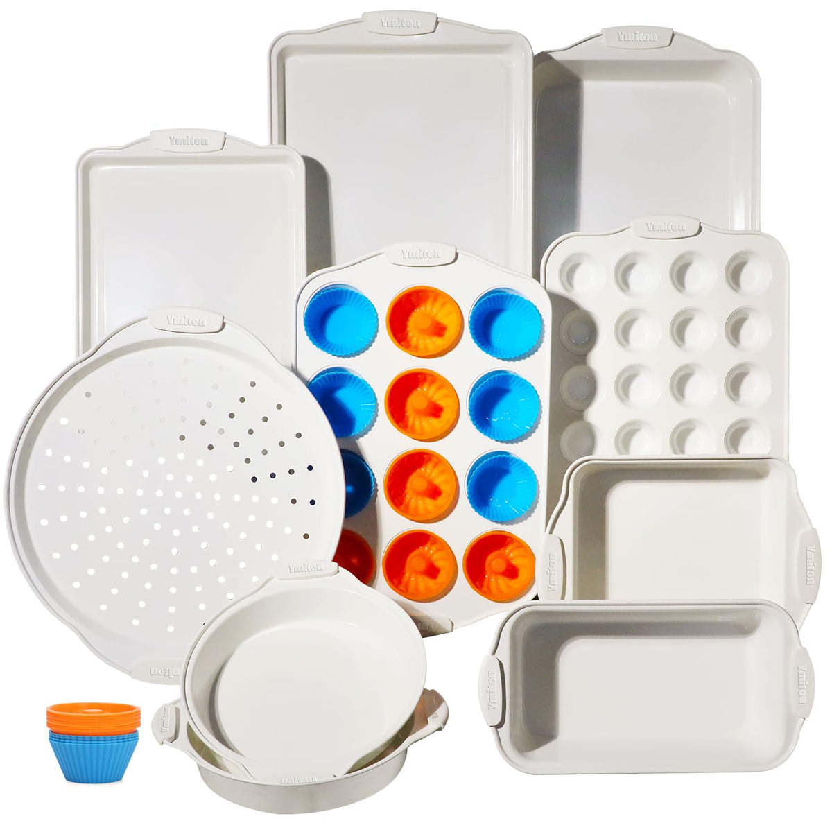 Ymiton baking pans set silicone-handles close-up showing heat-safe grip