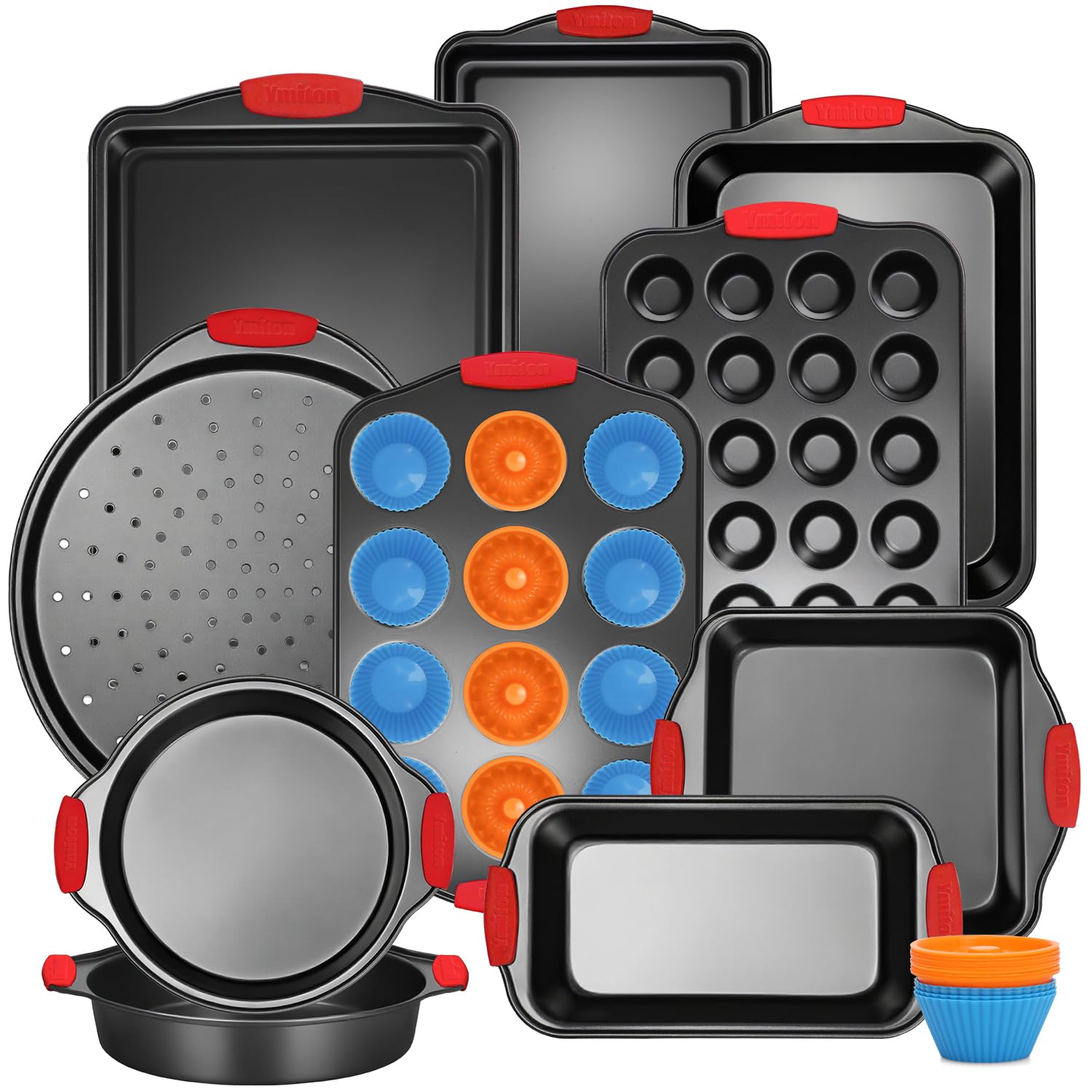 Ymiton bakeware set with silicone handles for safe, ergonomic grip.