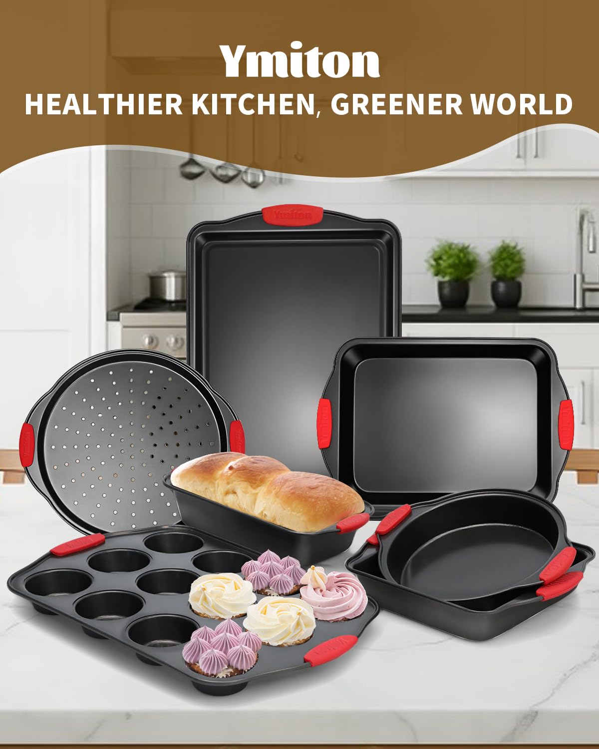 Ymiton stackable bakeware saves cabinet space when stored.
