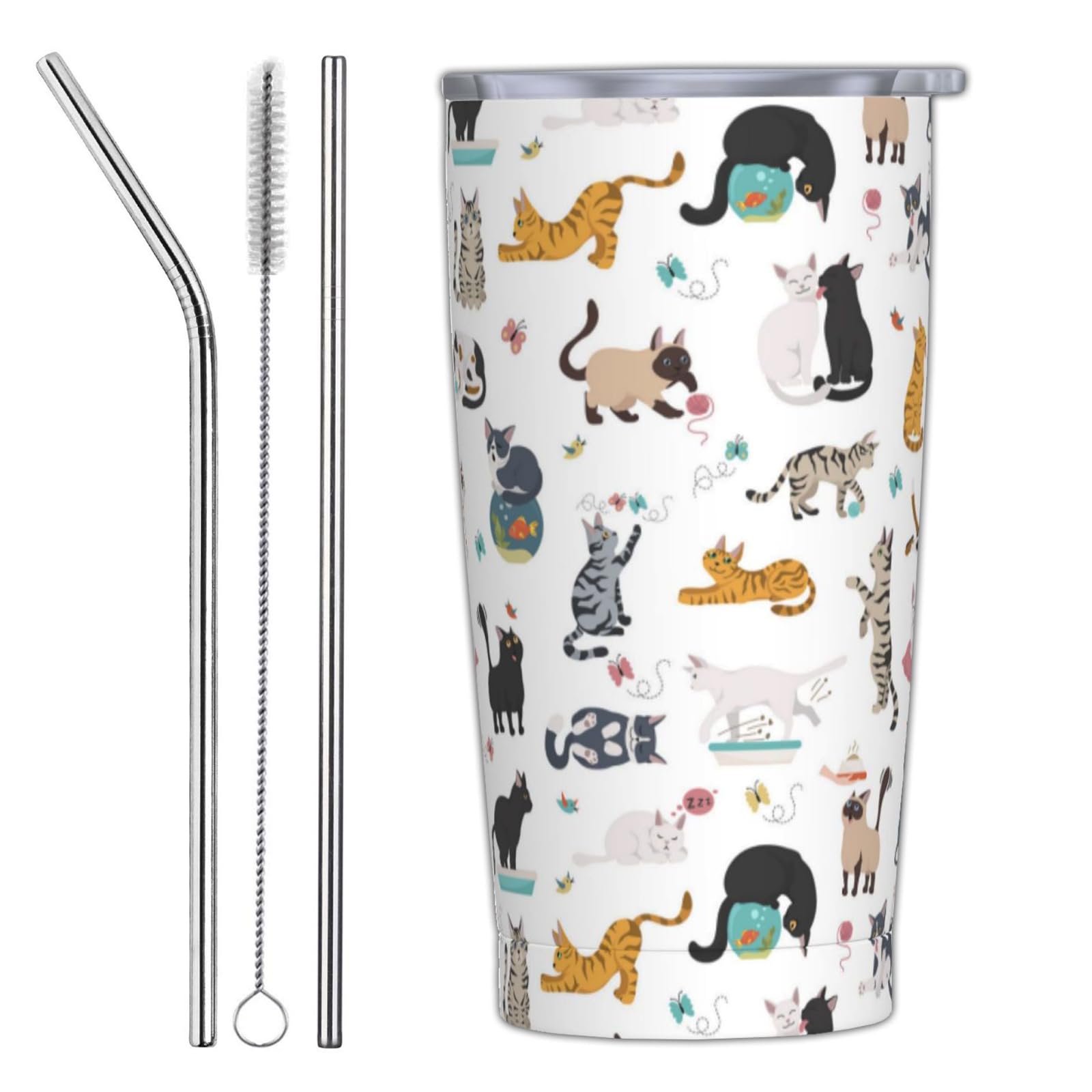 Yobvec Cat Tumbler front view with lid and straw for on-the-go hydrating