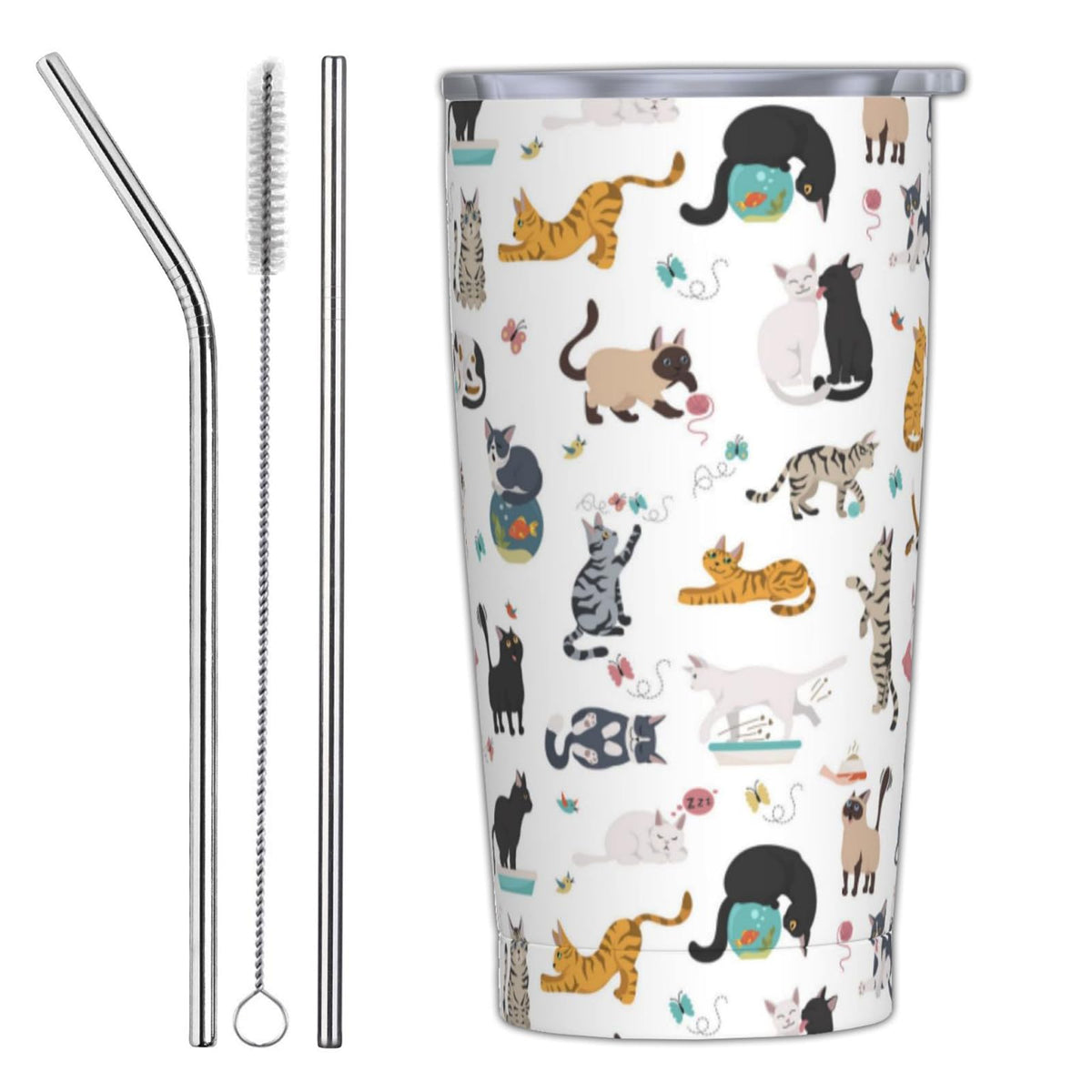Yobvec Cat Tumbler front view with lid and straw for on-the-go hydrating