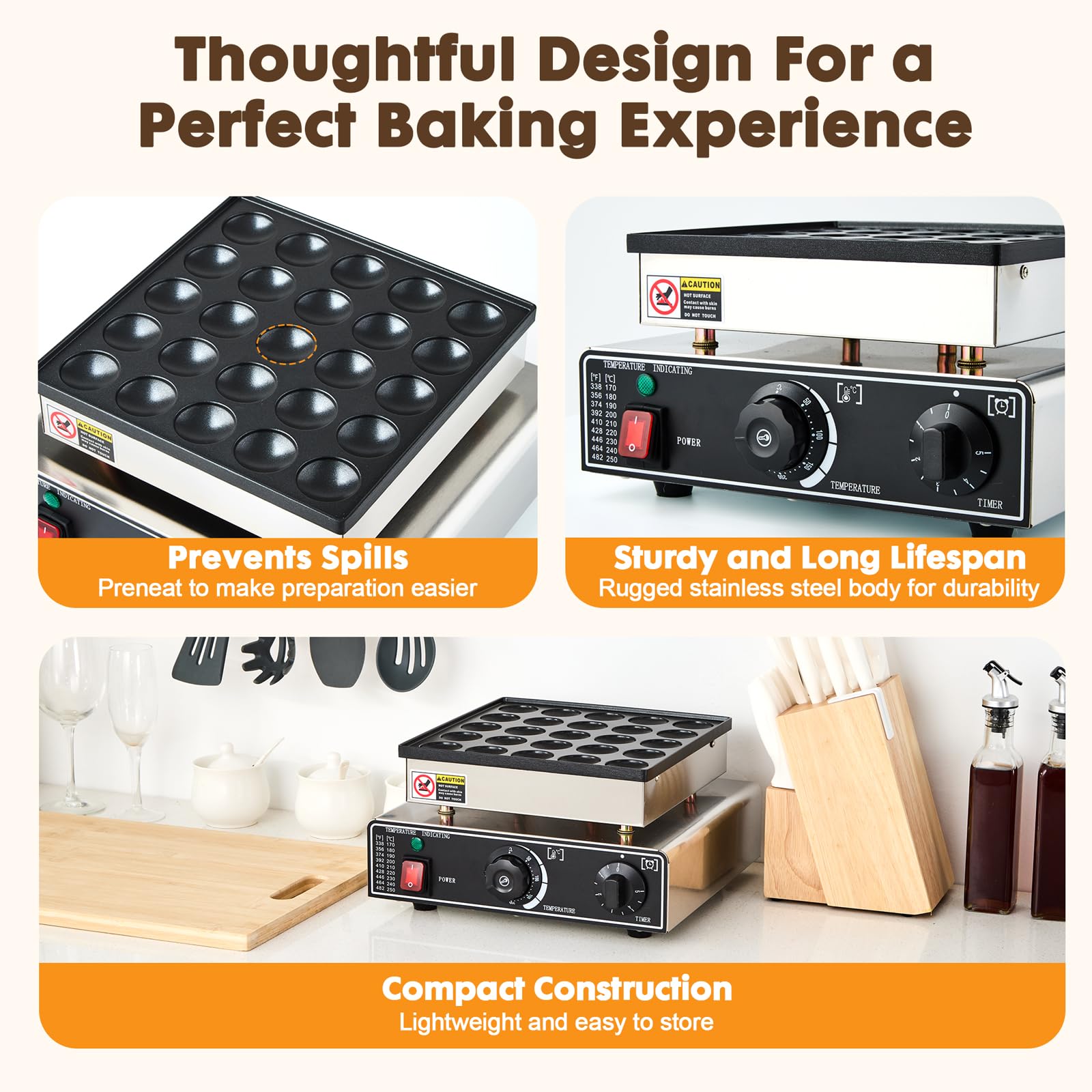 YODHOSA non-stick poffertjes grill surface enables easy release.