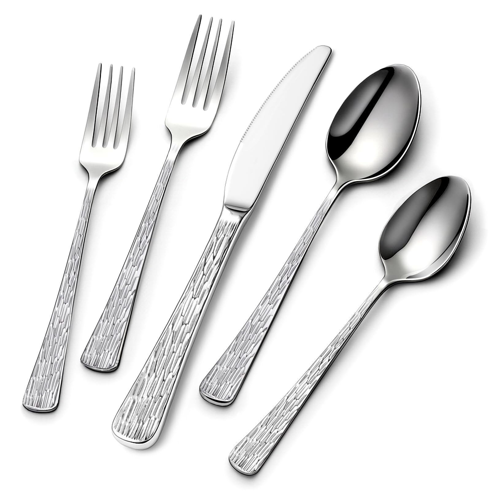 Yoehka 60-piece silverware set for 12 with hammered tree-pattern handles for cohesive dining.