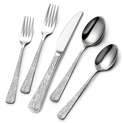 Yoehka 60-piece silverware set for 12 with hammered tree-pattern handles for cohesive dining.