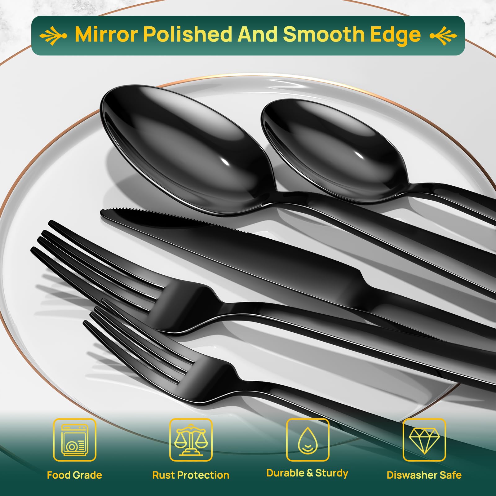 Yoehka black flatware dinner knives offering reliable strength for easy cutting.