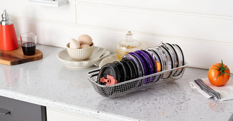 Yoku Made small gadgets storage maximizes deep cabinet space.
