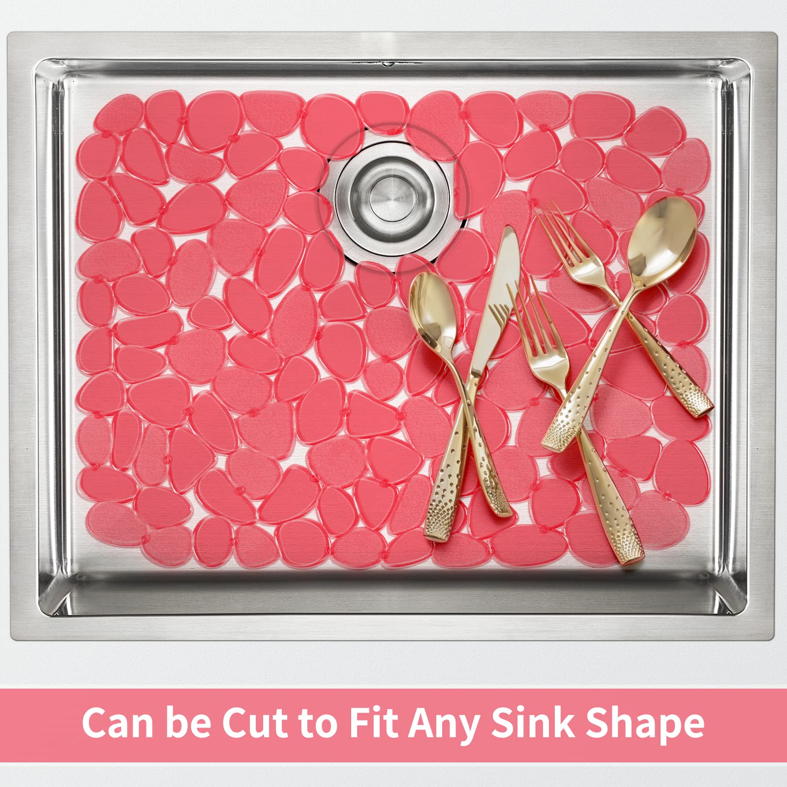 Yolife dark-red mat being cut to fit an irregular sink.