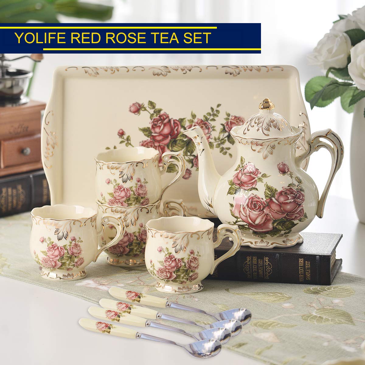 YOLIFE vintage rose teacups provide refined sipping for four guests
