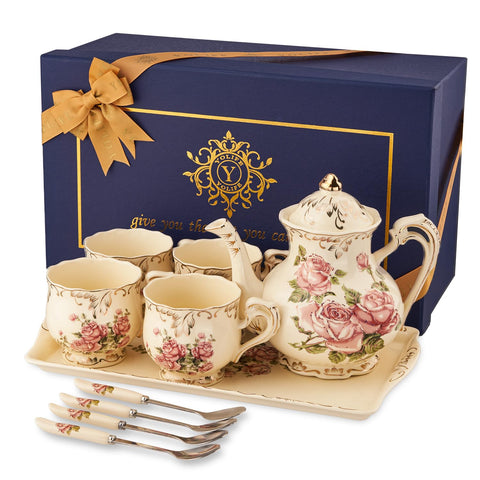 YOLIFE porcelain tea set with vintage rose teapot for elegant tea service