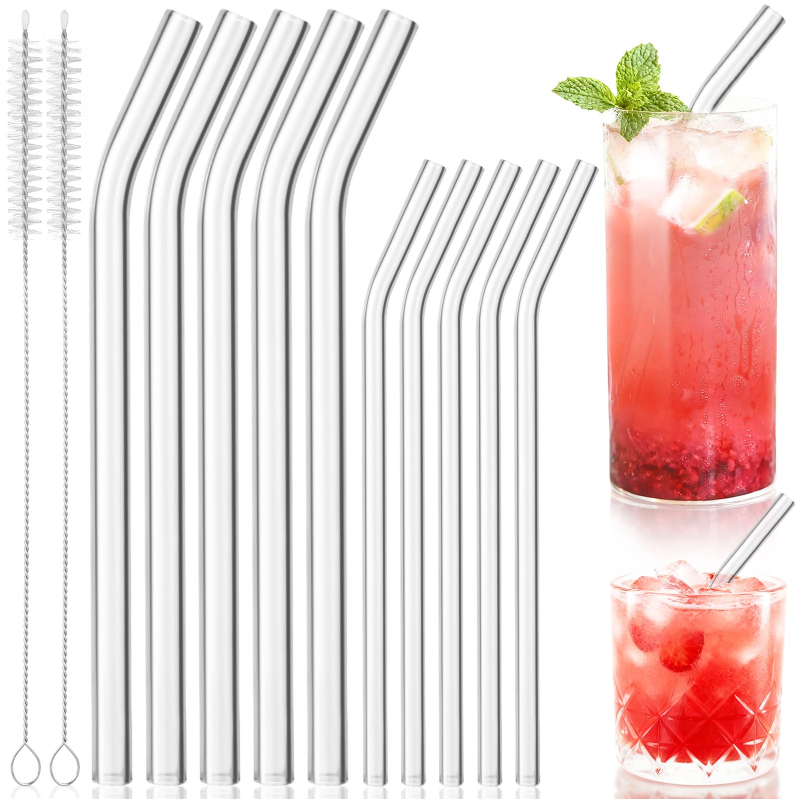 Yomarket bent glass straw 8in 8mm for hot and cold drinks, clear and durable.