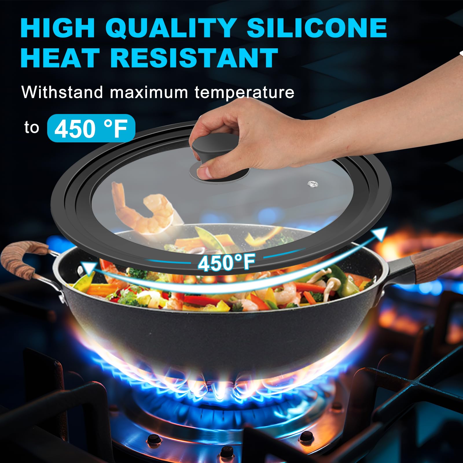 YOMUME universal lid heat-resistant handle, cool-to-touch for safe lifting.