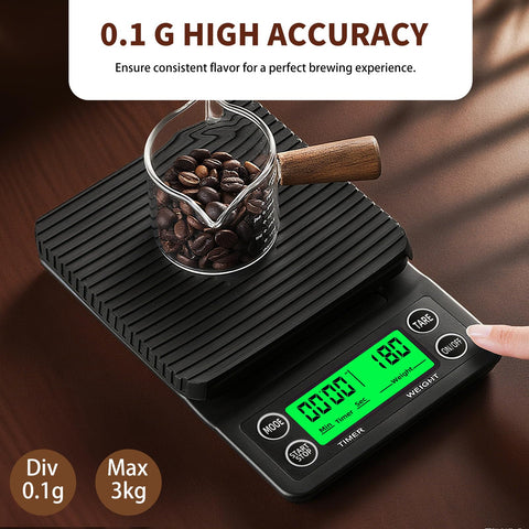 Yoncon scale with 3kg capacity suitable for diverse coffee methods and kitchen tasks.