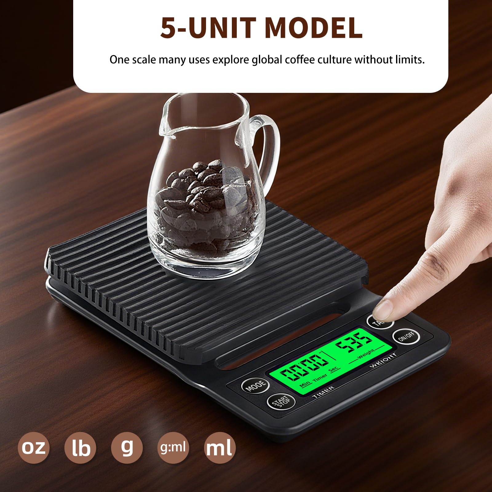 Yoncon scale features removable silicone mat protecting countertops during use.
