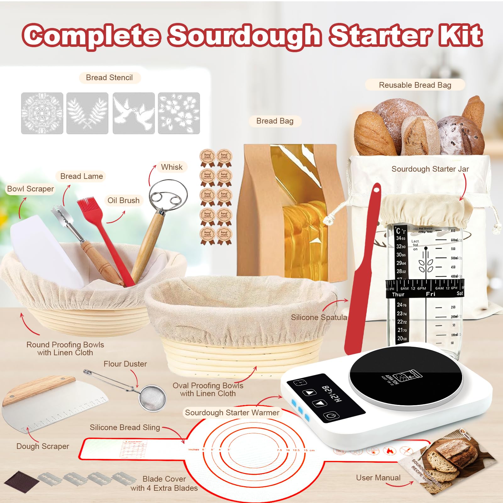 YONILL sourdough starter jar with temperature sticker for progress tracking