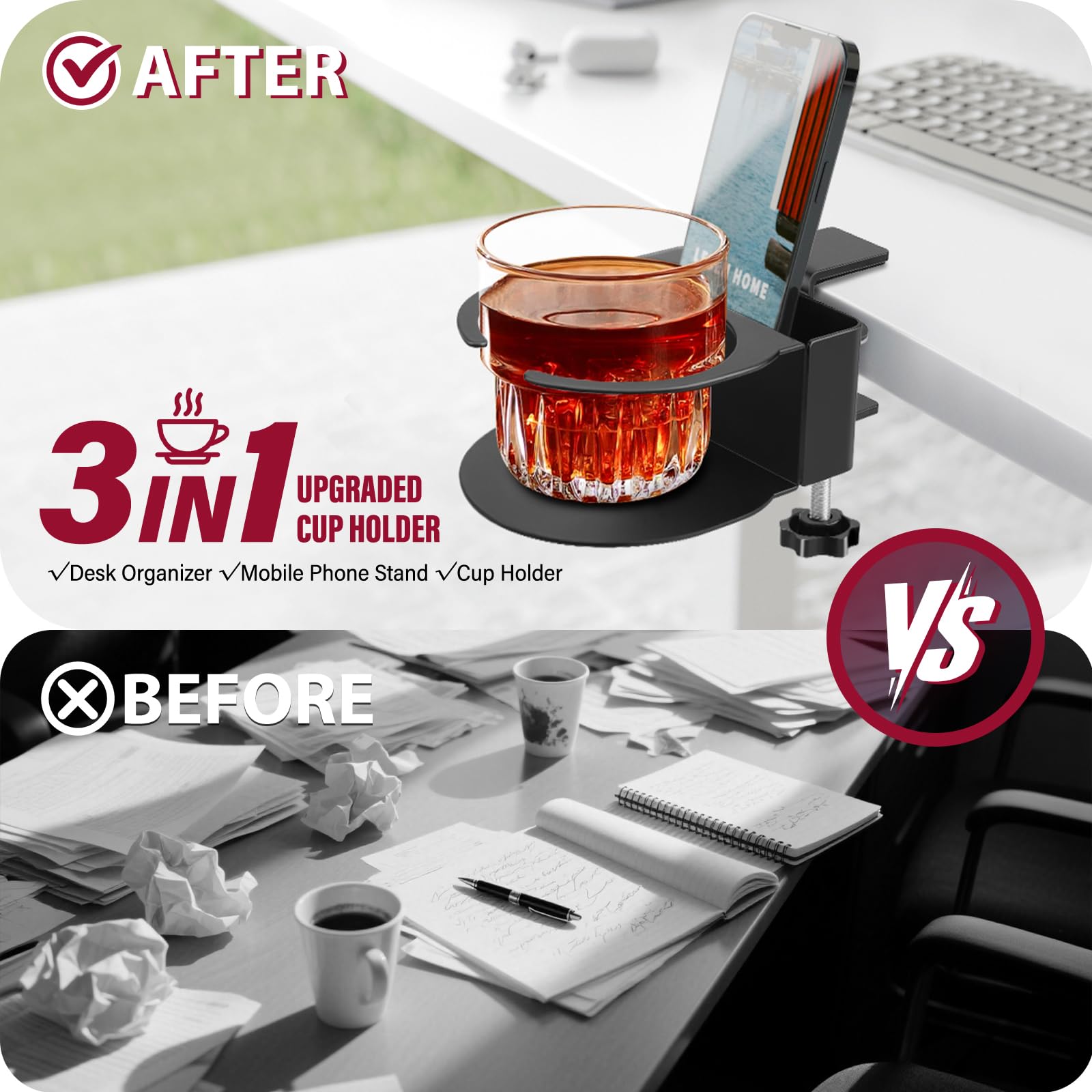 Yonsya desk cup holder supports a water bottle with stable, organized desk setup.
