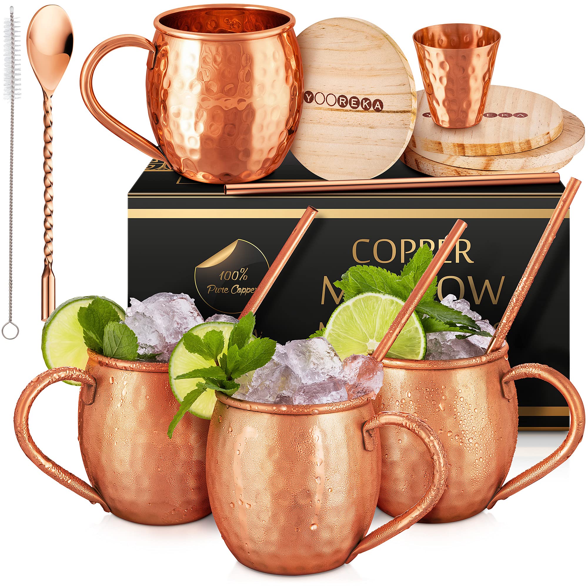 Yooreka Moscow Mule mugs 16 oz hammered copper cups with handles for authentic entertaining