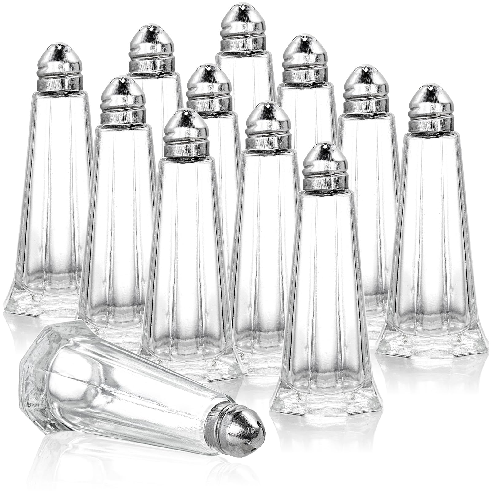 Yopay 12-piece salt and pepper shakers in clear glass tower for easy refills.