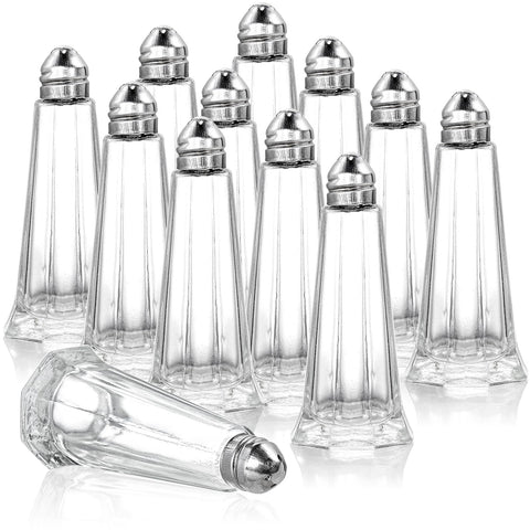 Yopay 12-piece salt and pepper shakers in clear glass tower for easy refills.