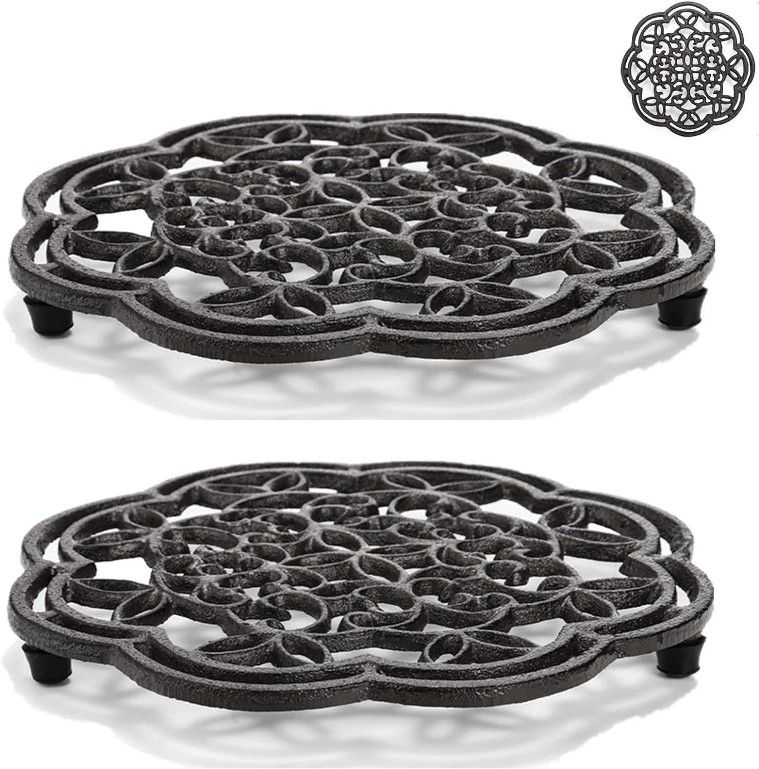 Yopay 2 pack round cast iron trivet protects countertops from hot dishes with sturdy 7.7 inch diameter