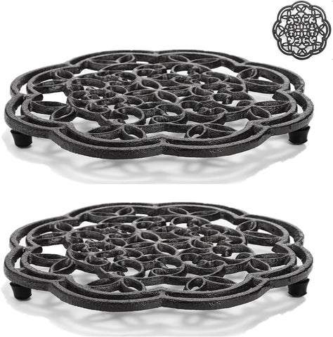 Yopay 2 pack round cast iron trivet protects countertops from hot dishes with sturdy 7.7 inch diameter