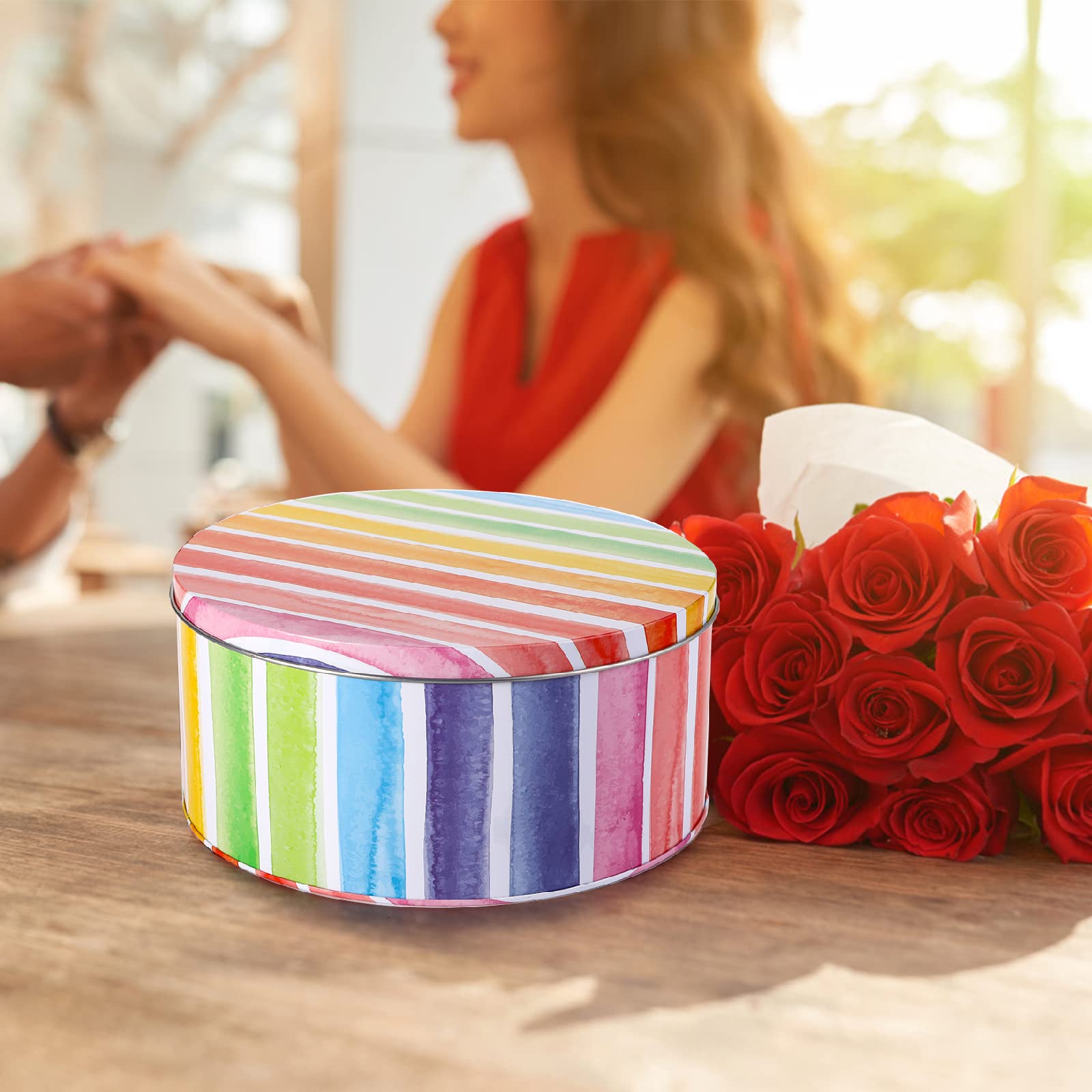 Yopay holiday gift tin with rainbow pattern, perfect for cookies and treats.