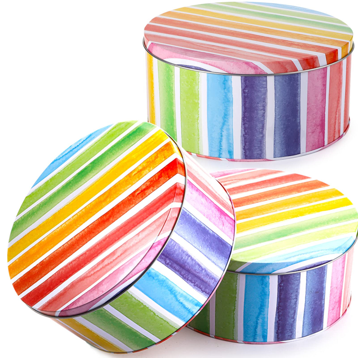 Yopay rainbow round cookie tin with 7in diameter for gifting homemade treats.