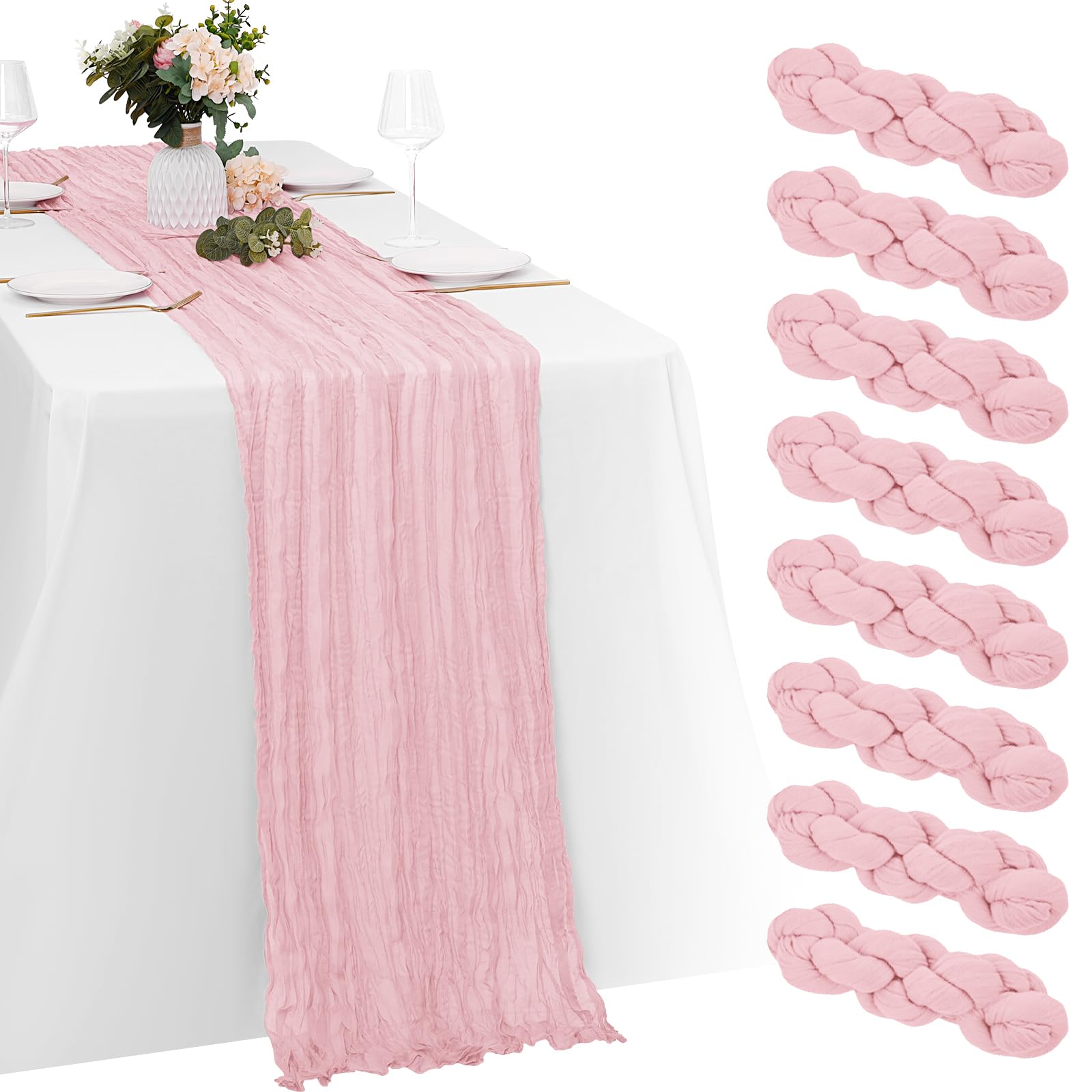 Yorcari light pink cheesecloth table runner with soft drape for elegant table settings