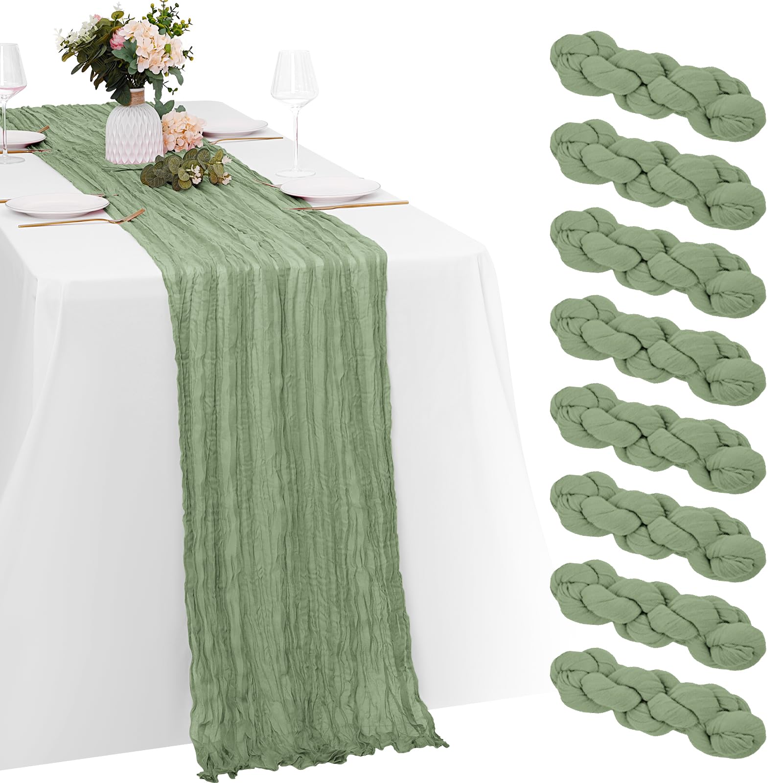 Yorcari sage green cheesecloth table runner with natural wrinkles for elegant table styling.