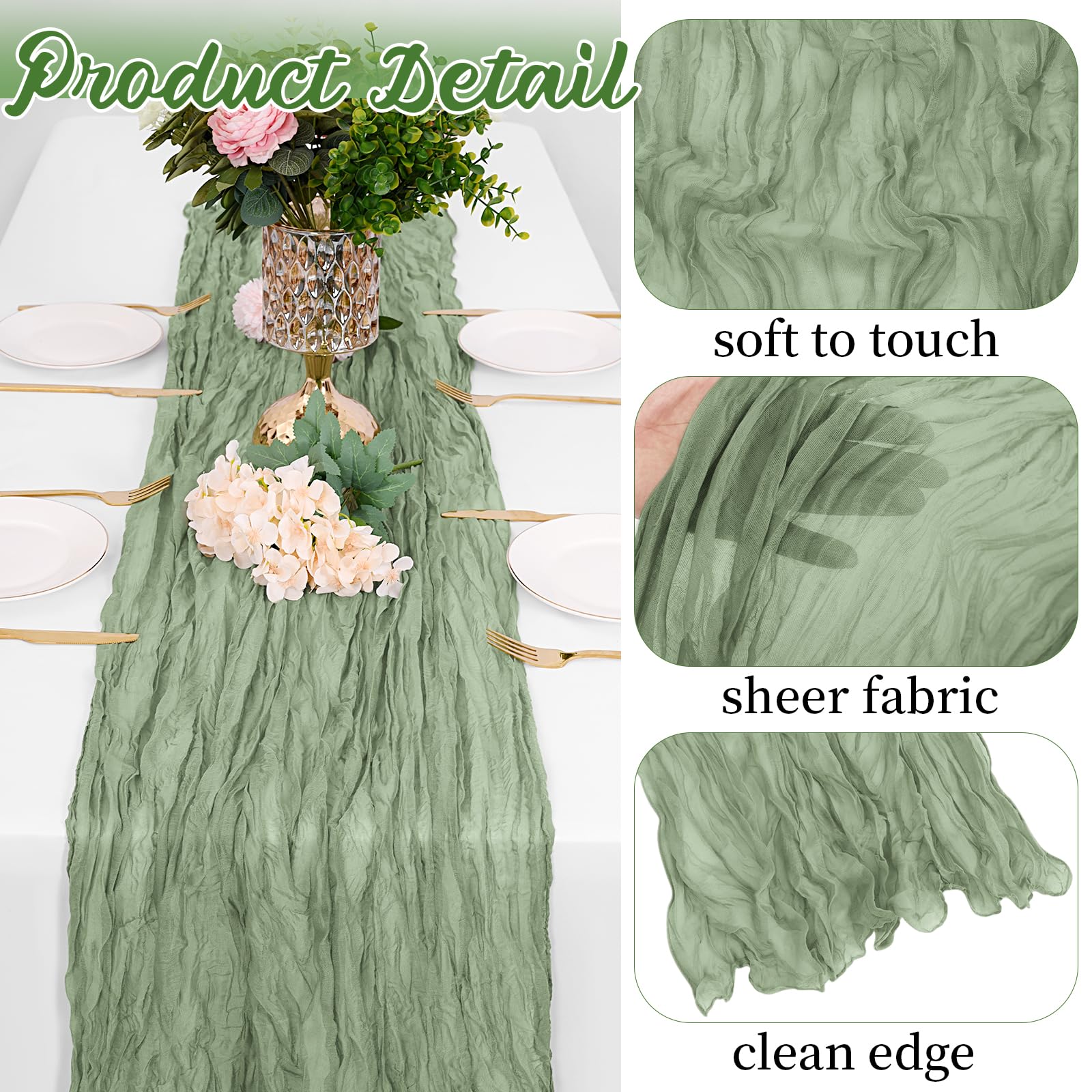 Yorcari sage green runner drapes softly for translucent ambiance.