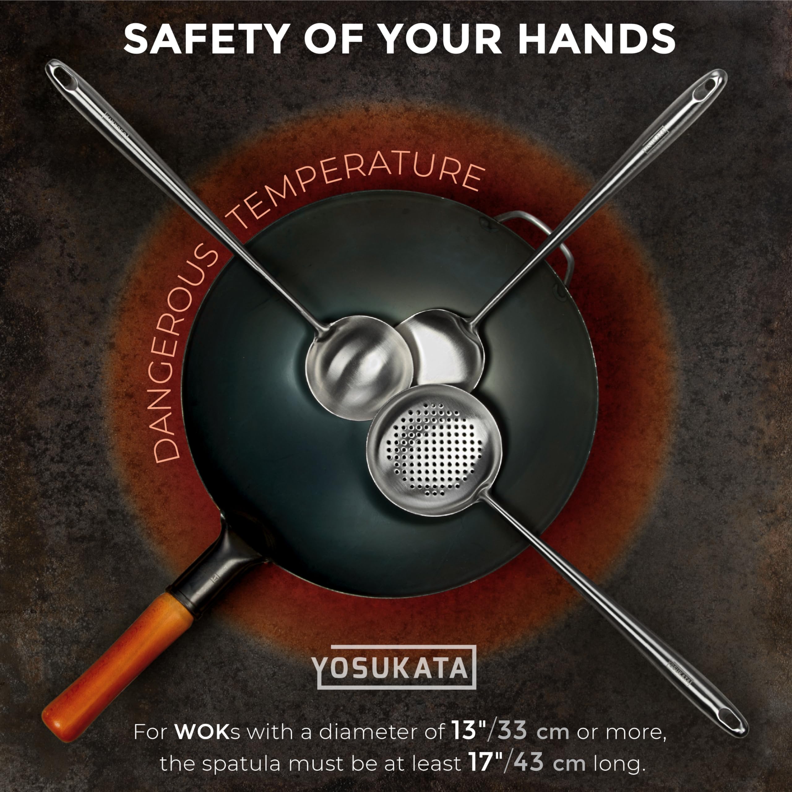 YOSUKATA 17-inch wok ladle ideal for scooping soups and sauces safely.
