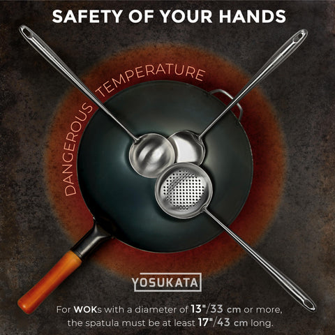 YOSUKATA 17-inch wok ladle ideal for scooping soups and sauces safely.