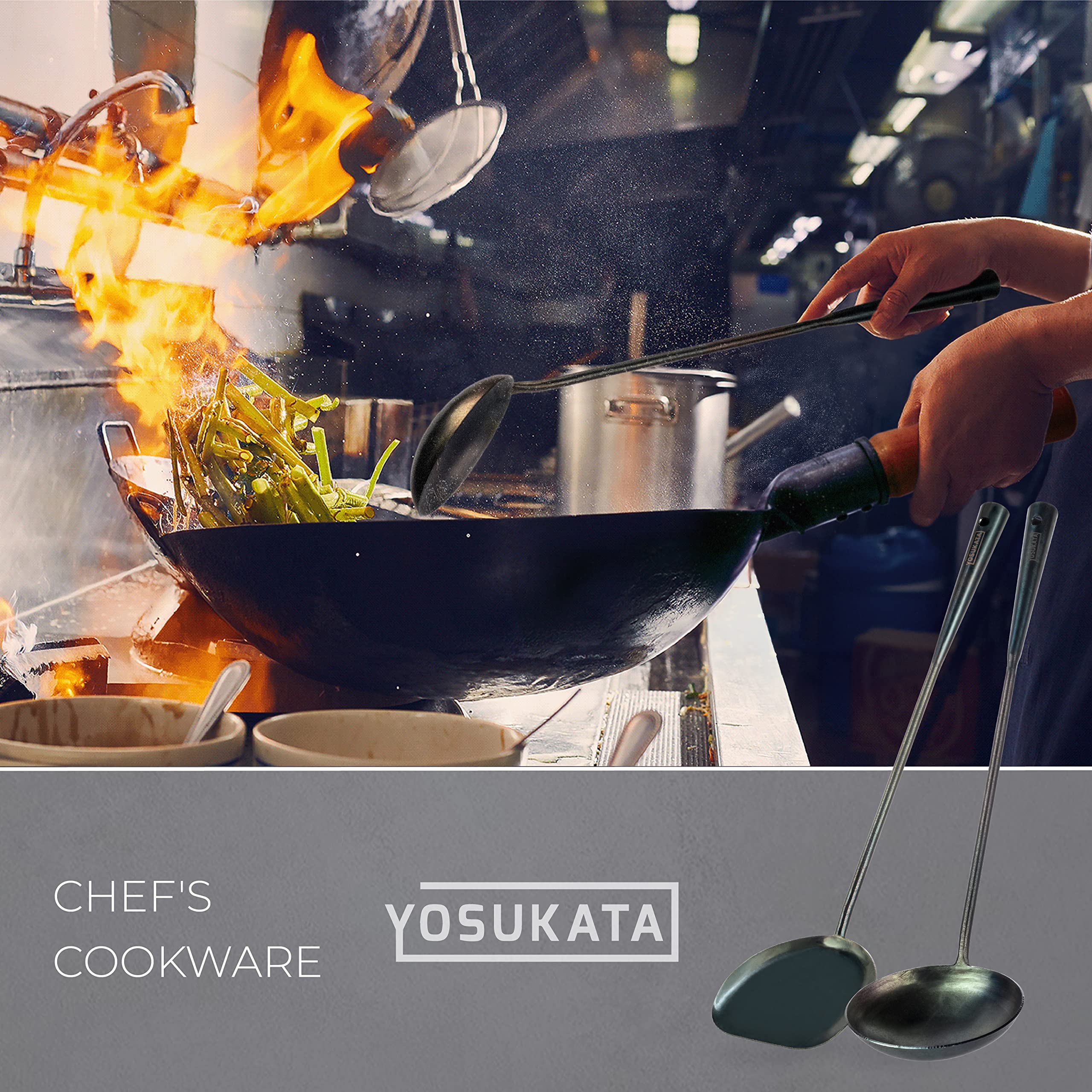 YOSUKATA wok tools set on stove top ready for quick, versatile cooking tasks.