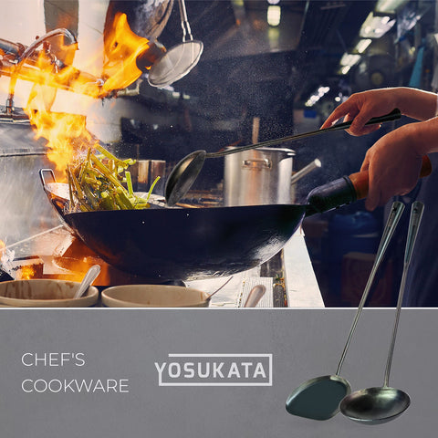 YOSUKATA wok tools set on stove top ready for quick, versatile cooking tasks.
