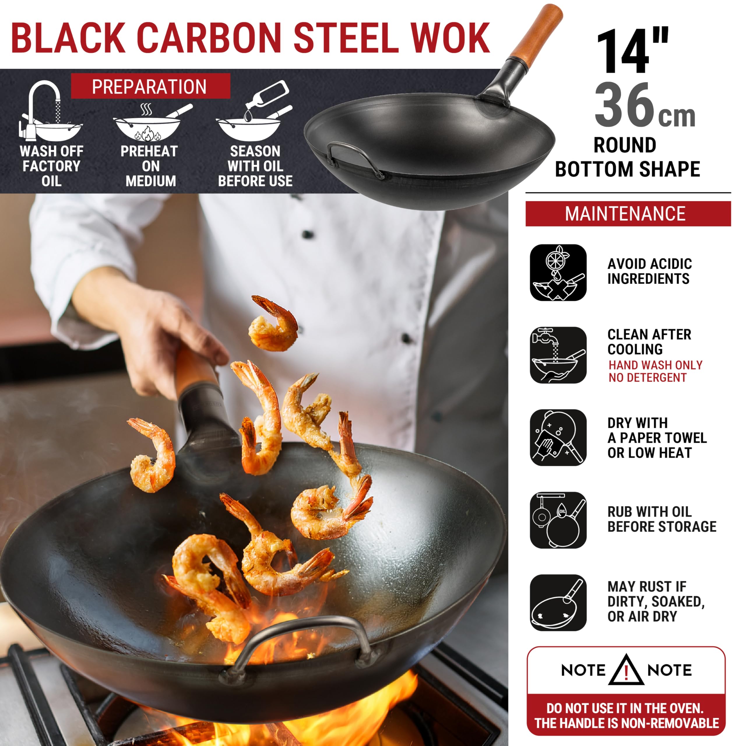 YOSUKATA wok with wooden ergonomic handle for secure grip during high-heat cooking.