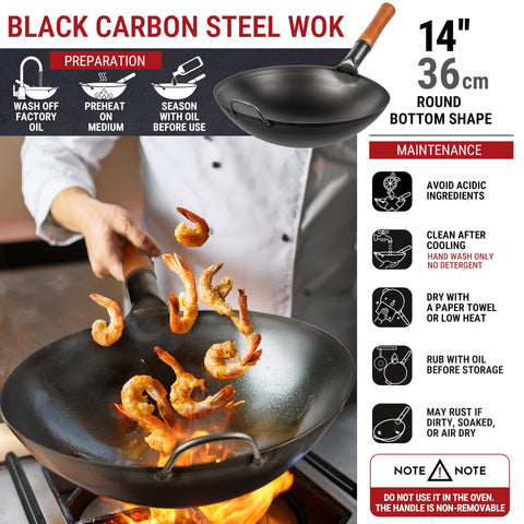 YOSUKATA wok with wooden ergonomic handle for secure grip during high-heat cooking.
