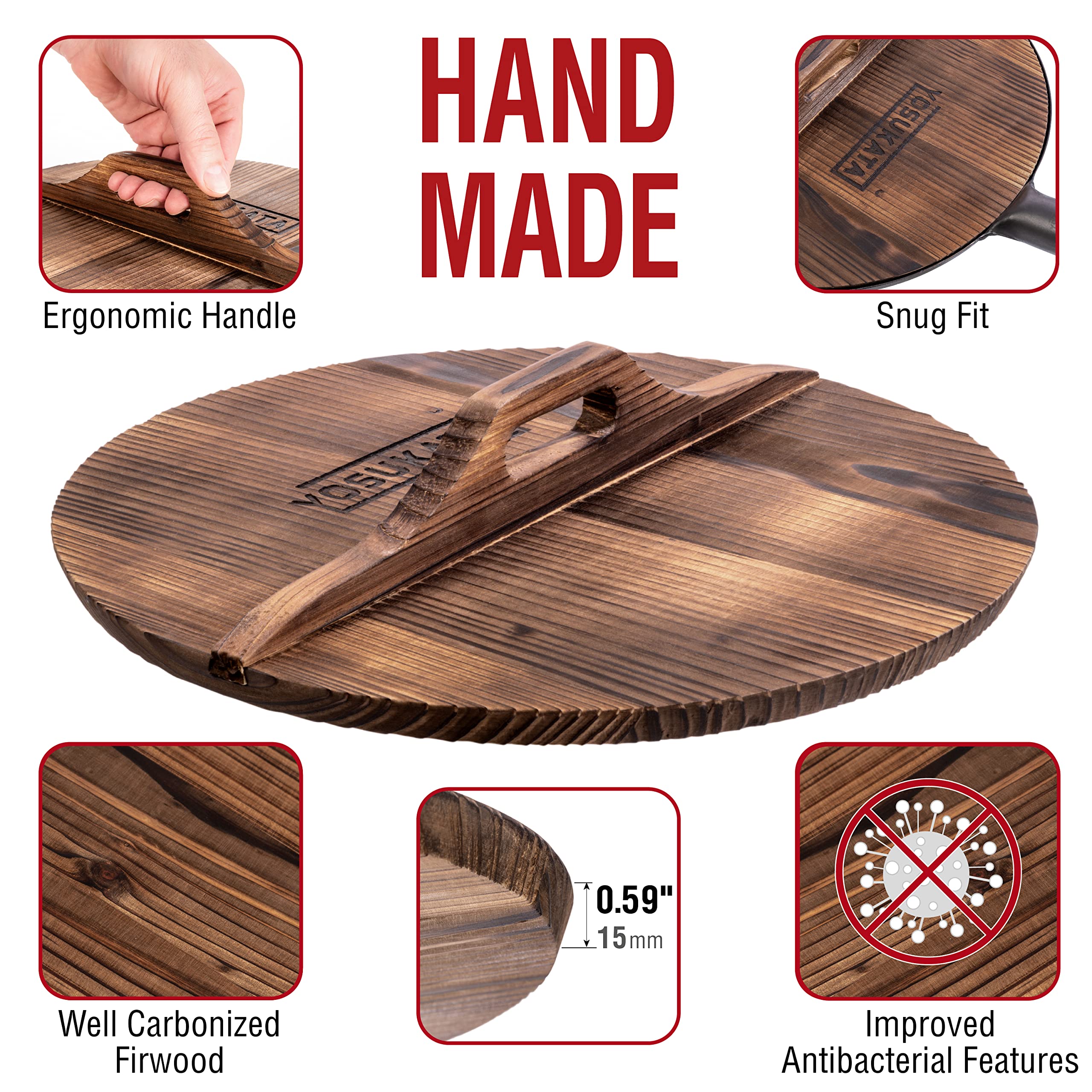 YOSUKATA wooden lid 13.5-inch fits woks for steady simmer and moisture control.