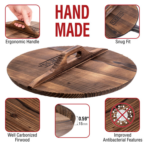 YOSUKATA wooden lid 13.5-inch fits woks for steady simmer and moisture control.