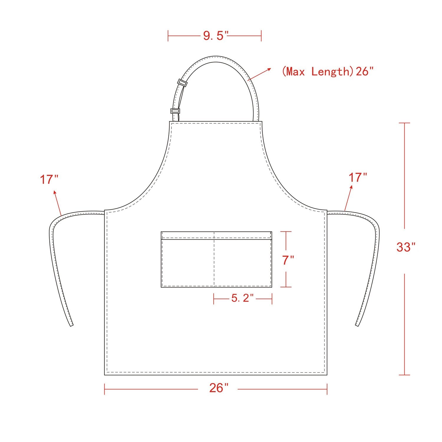 Yotache apron measures 33x26, fits standard kitchen layouts.