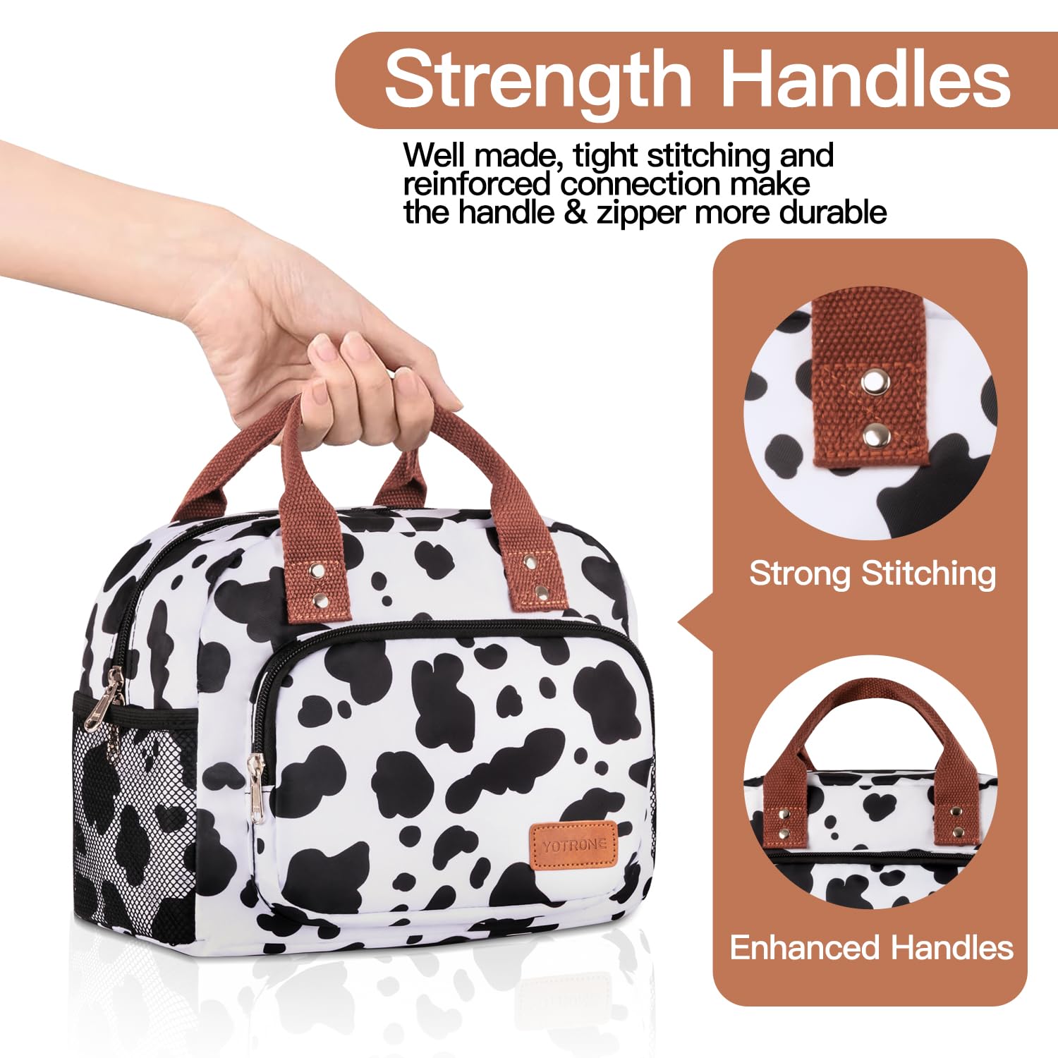 Yotrone Cow pattern lunch tote durable nylon exterior resists daily wear.