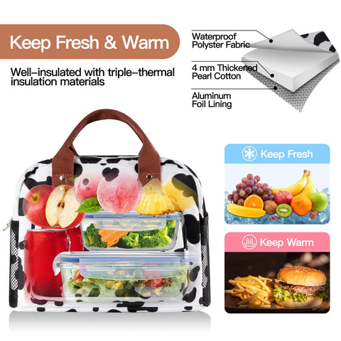 Yotrone Cow pattern lunch tote easy to wipe clean after spills and messes.