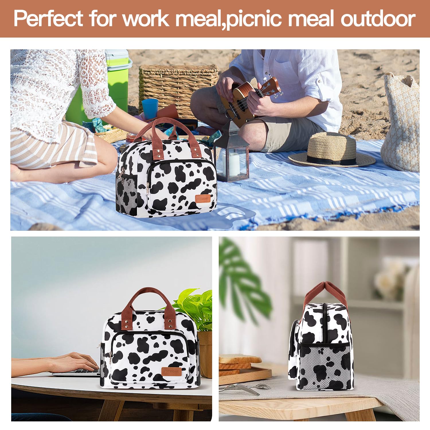 Yotrone Cow pattern lunch tote versatile for work, travel, and beach outings.