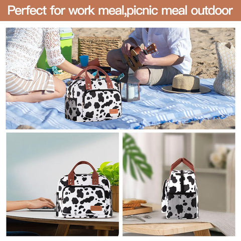 Yotrone Cow pattern lunch tote versatile for work, travel, and beach outings.