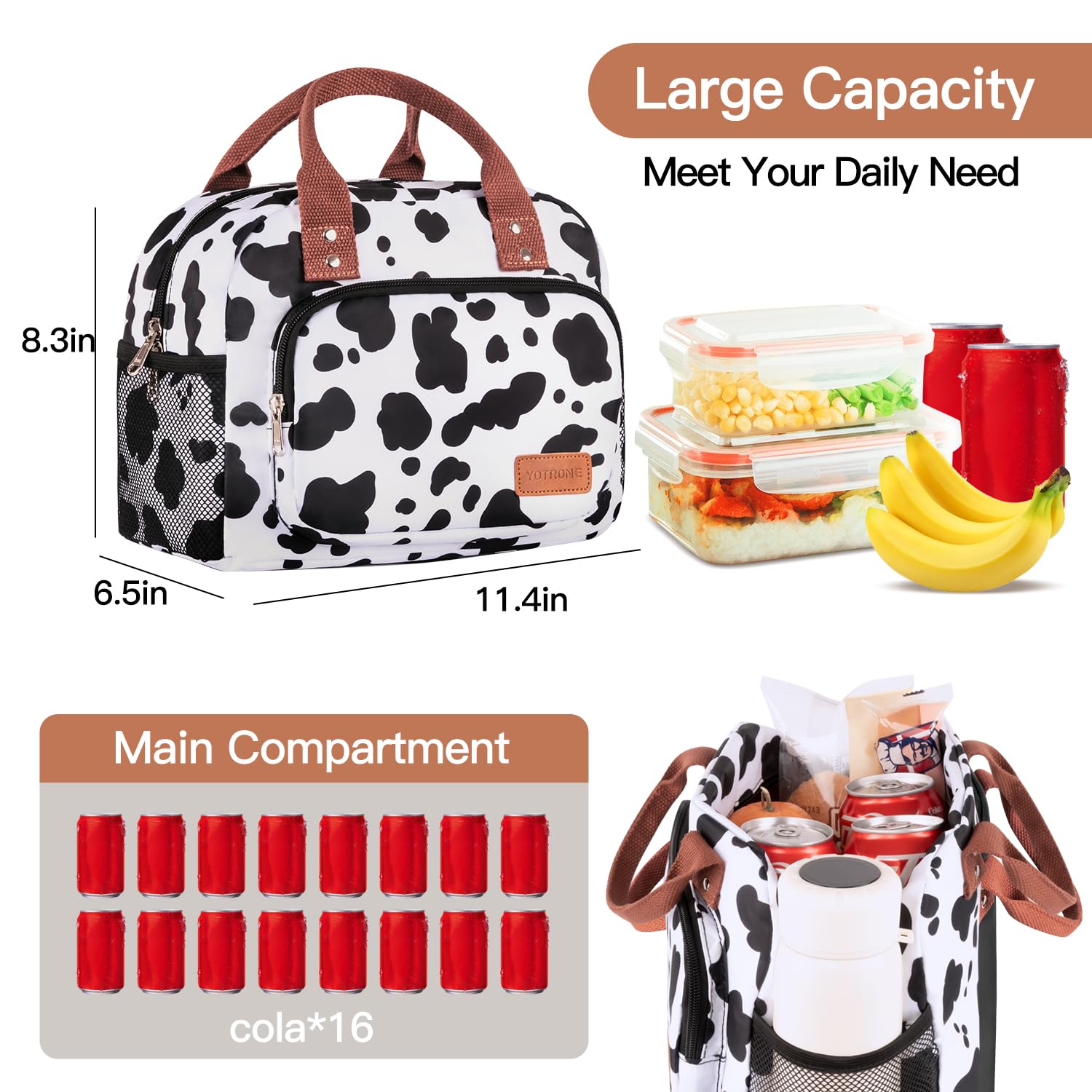 Yotrone Cow pattern lunch tote side pocket holds drinks within reach.